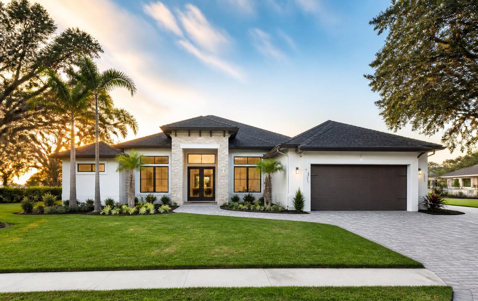 Newly built single-family home in Apopka, Florida at sunset